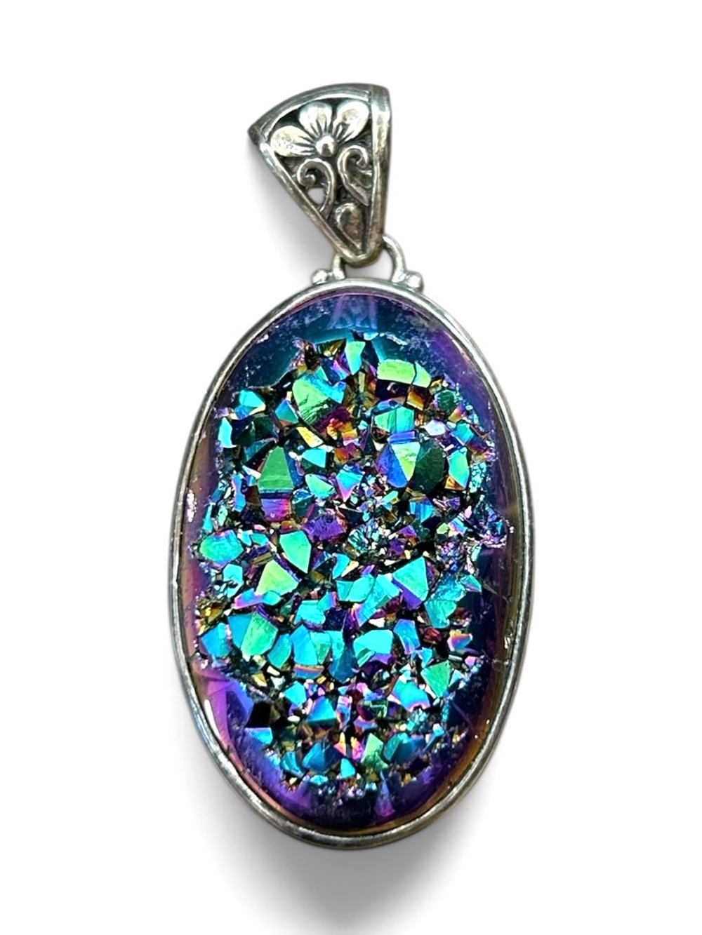 925 AF Sterling Silver Rainbow Peacock Druzy Necklace Pendant